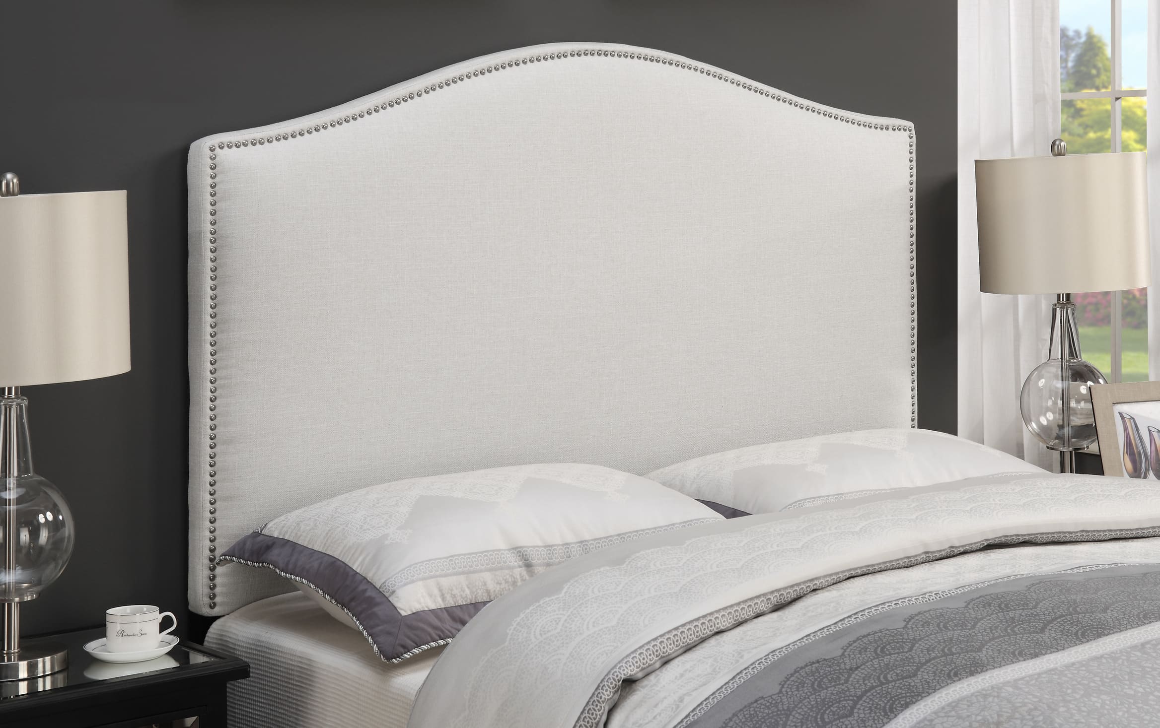 Full-Queen Upholstered Headboard in White Fabric 