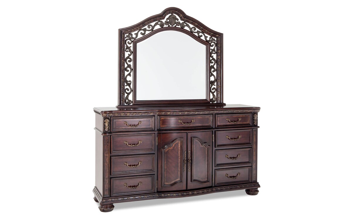 Grand Manor Cherry 9 Drawer Dresser & Mirror Bob's Discount Furniture