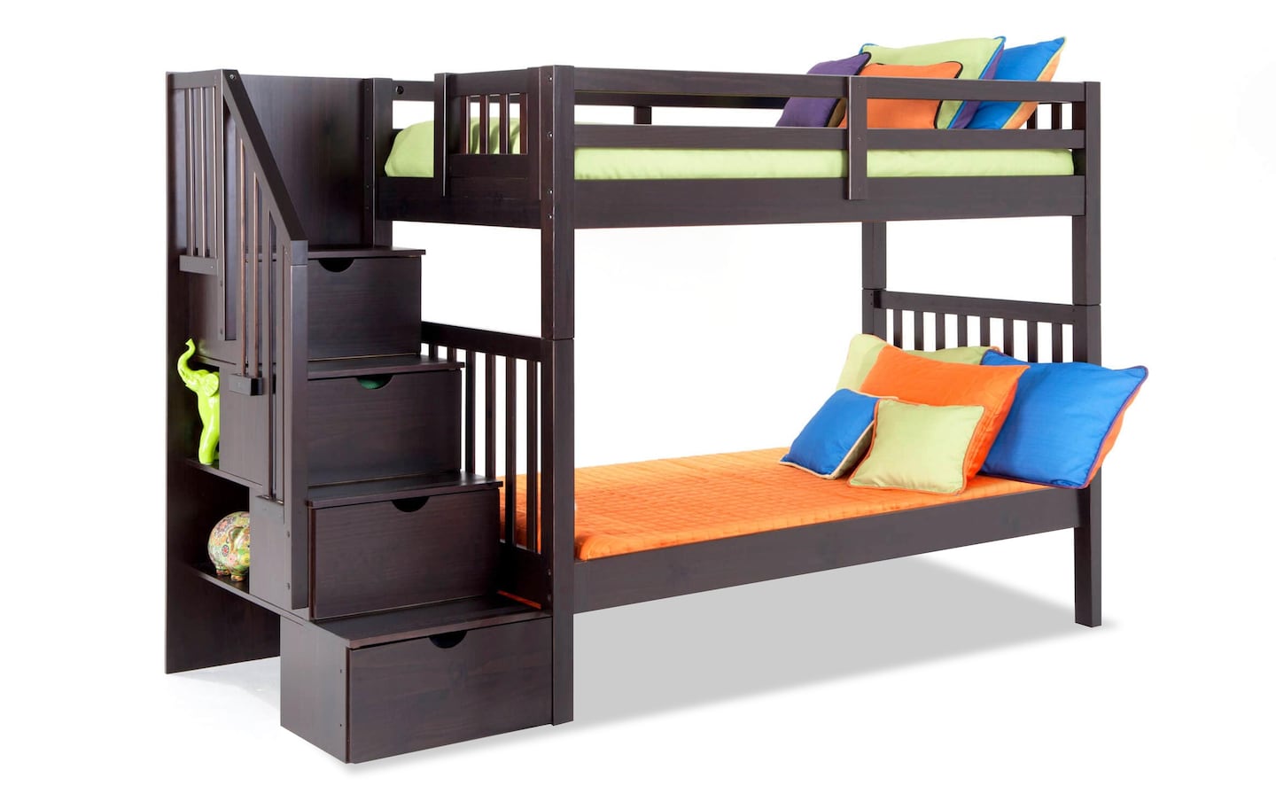 Keystone Twin Espresso Stairway Bunk Bed With 2 Twin Bob-O-Pedic 6 ...