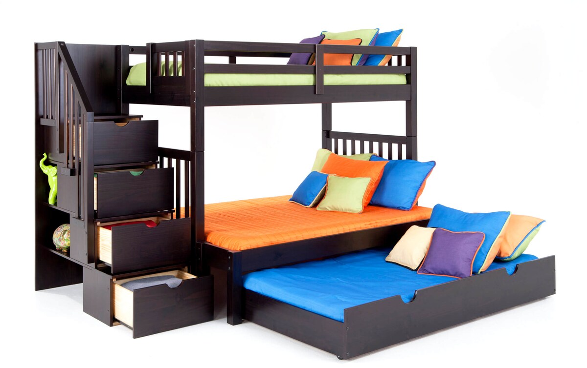 Keystone Twin/Full Espresso Stairway Bunk Bed With BobOPedic 6 Memory