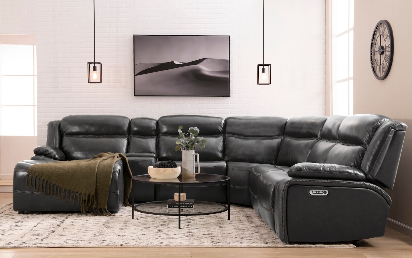 Trailblazer Gray Leather 139 6 Piece Power Reclining Left Arm Facing Chaise Sectional with Power Headrest