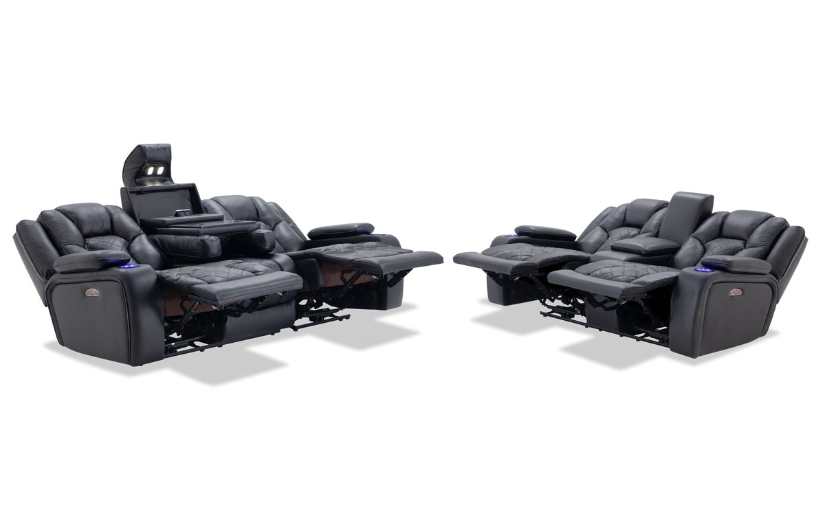 Panther Black Leather Power Reclining Sofa & Console Loveseat black_color