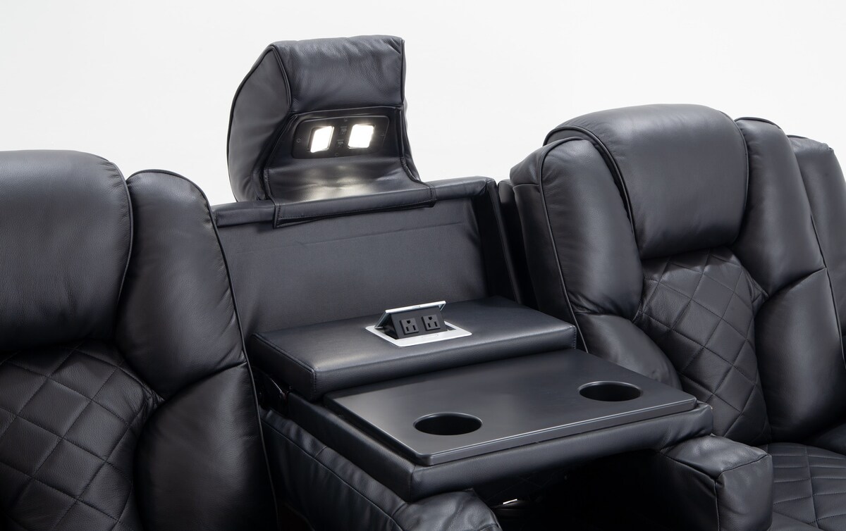 Panther Black Leather Power Reclining Sofa & Console Loveseat black_color