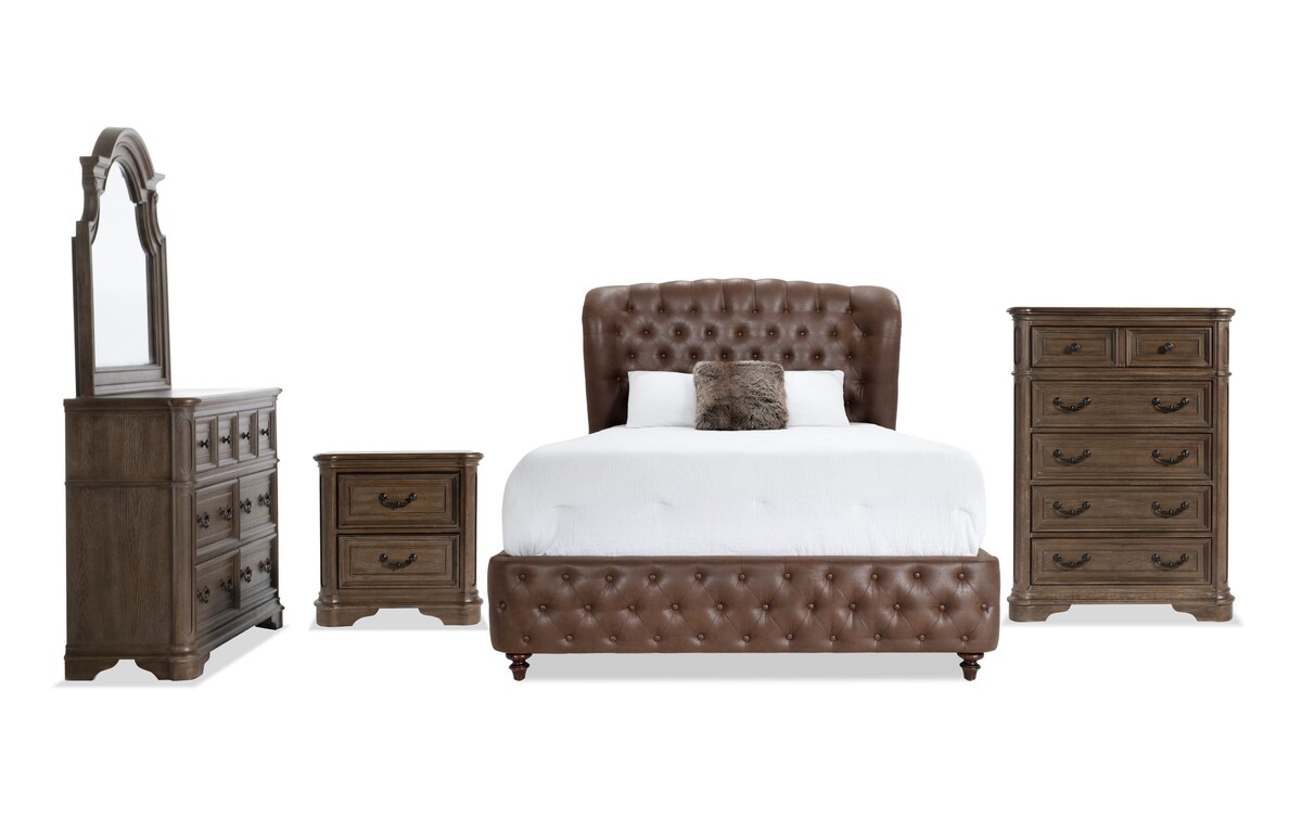 Scarlett 5 Piece King Brown Upholstered Bedroom Set with Chest Bob's