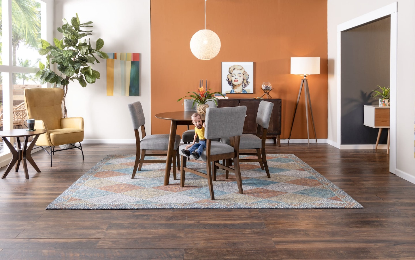 Bettie 5 Piece Walnut Teal Upholstered Round Dining Set