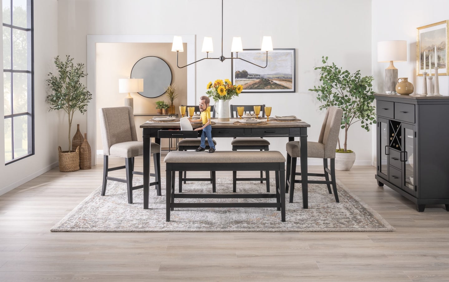 Montana 6 Piece Black Beige Upholstered Dining Set with Storage Bench Bob s Discount Furniture Mattress Store