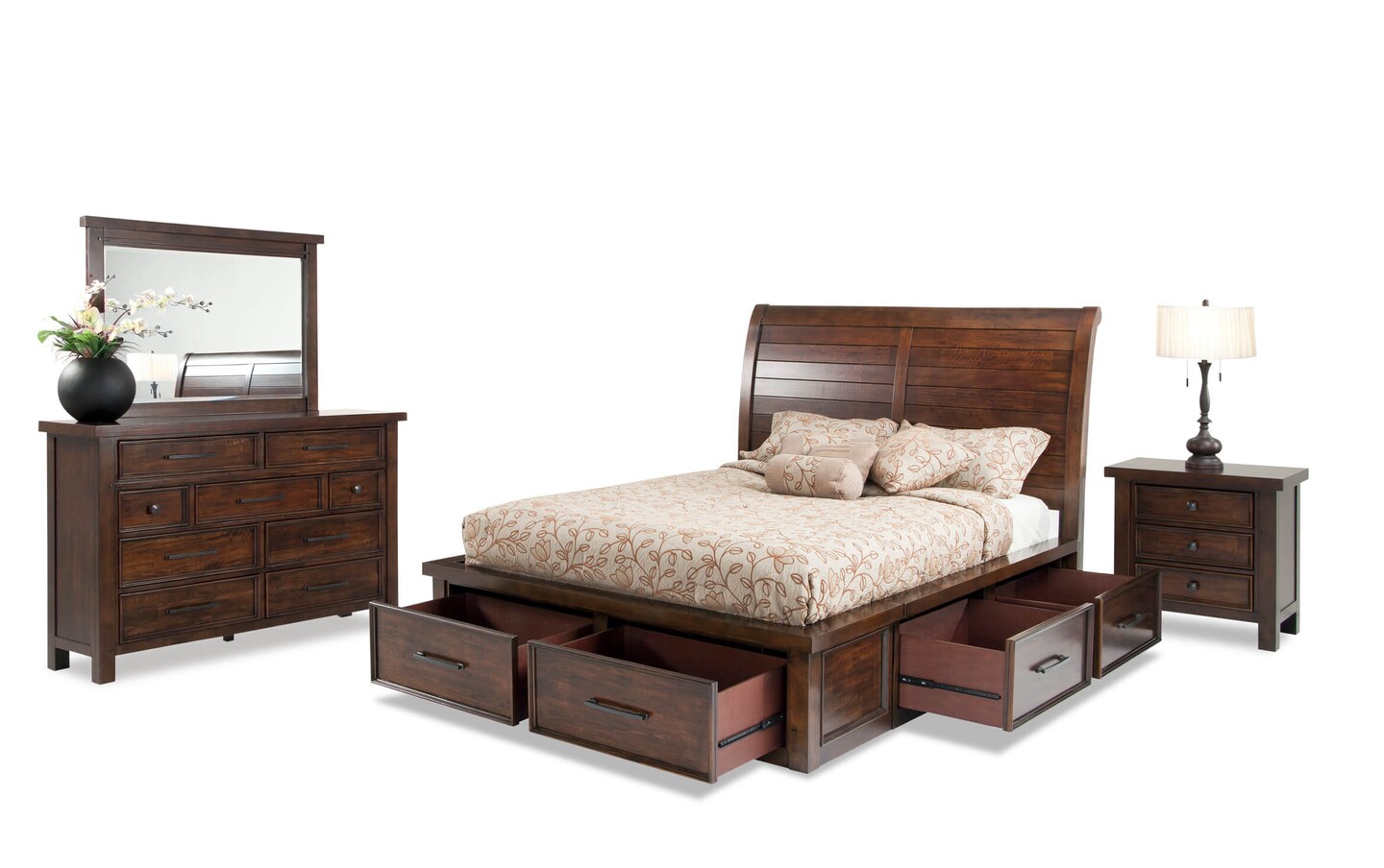 Hudson 4 Piece Queen Pecan Storage Platform Bedroom Set Bob s Discount Furniture Mattress Store