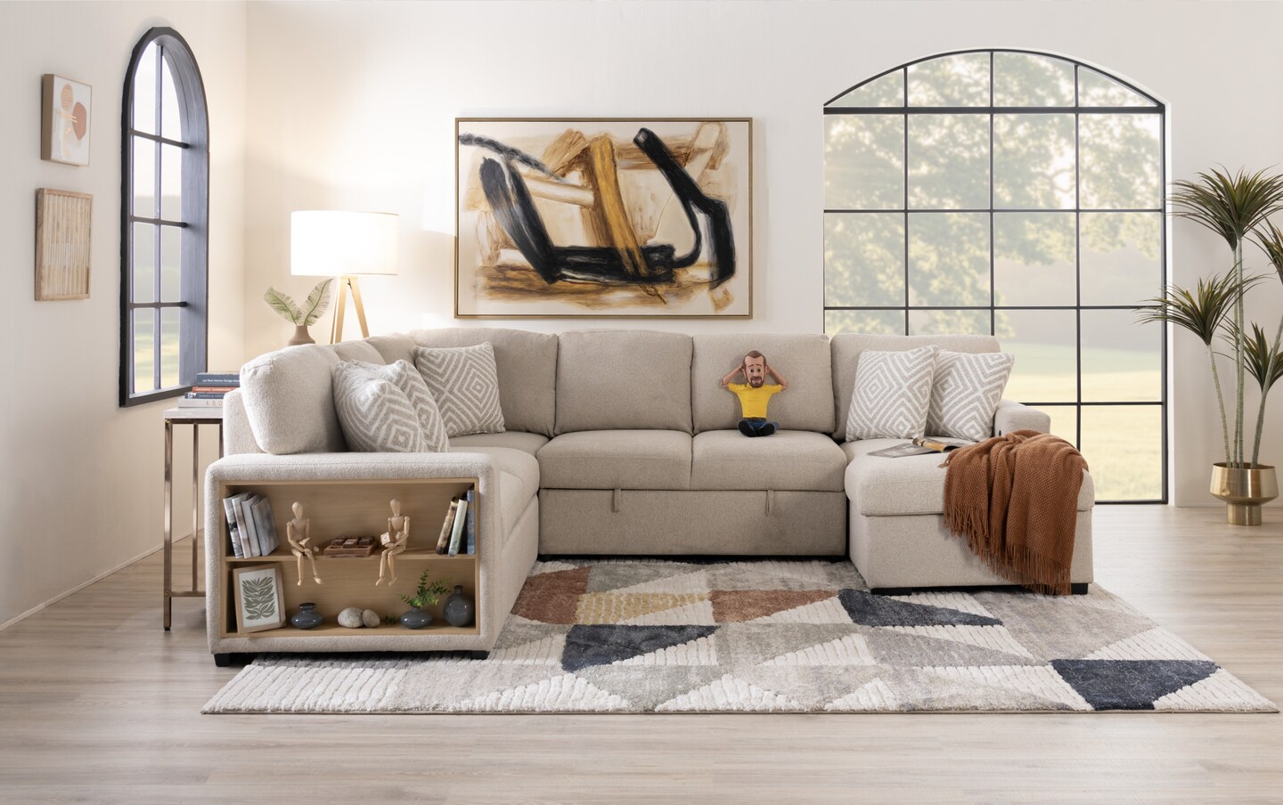 Playday Beige 119 4 Piece Right Arm Facing Pop Up Sleeper Chaise Sectional with USB USB C Ports