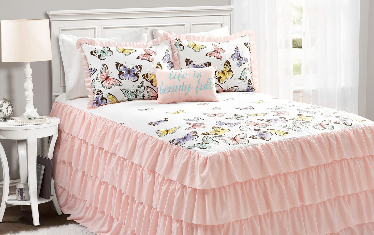 Flutter Full Pink Butterfly 4 Piece Bedspread Set Bob's Discount Furniture & Mattress Store