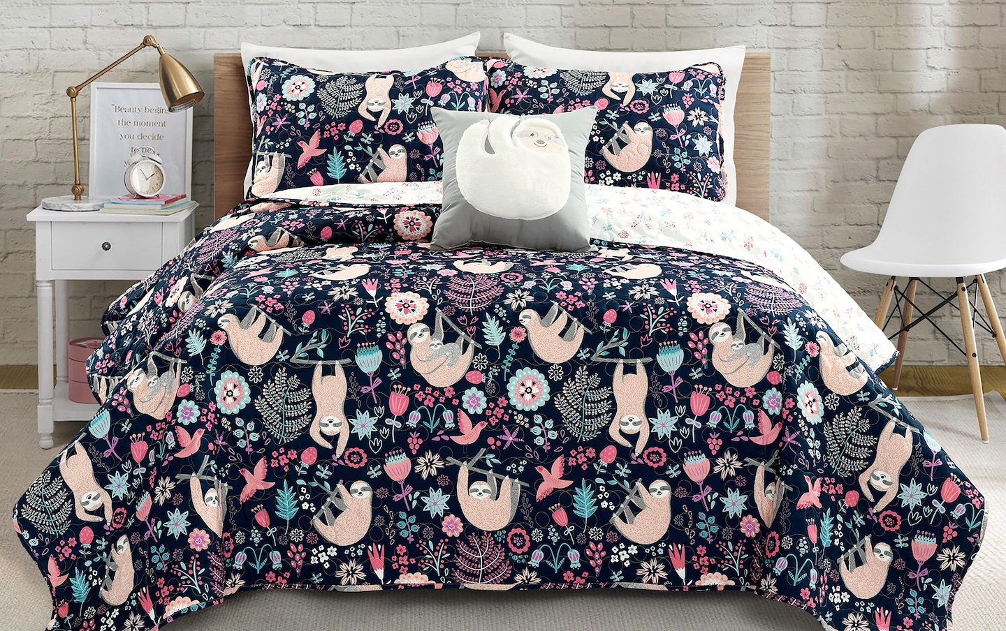 Sloth Navy 3 Piece Full/Queen Quilt Set | Bob's Discount Furniture