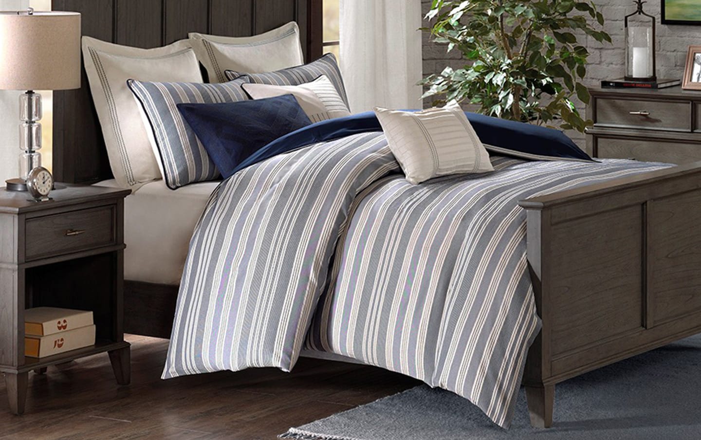 Shales Queen Navy Striped Reversible 8 Piece Comforter Set 