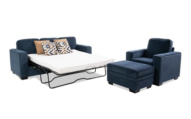 Homeworks Navy 83'' Queen Gel Sleeper Sofa, Chair & Storage Ottoman ...