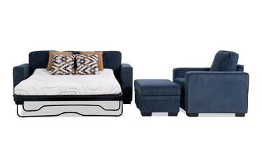 Homeworks Navy 83'' Queen Cooling Sleeper Sofa, Chair & Storage Ottoman ...