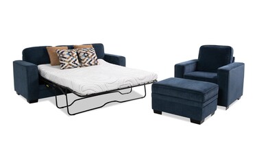 Homeworks Navy 83'' Queen Cooling Sleeper Sofa, Chair & Storage Ottoman ...
