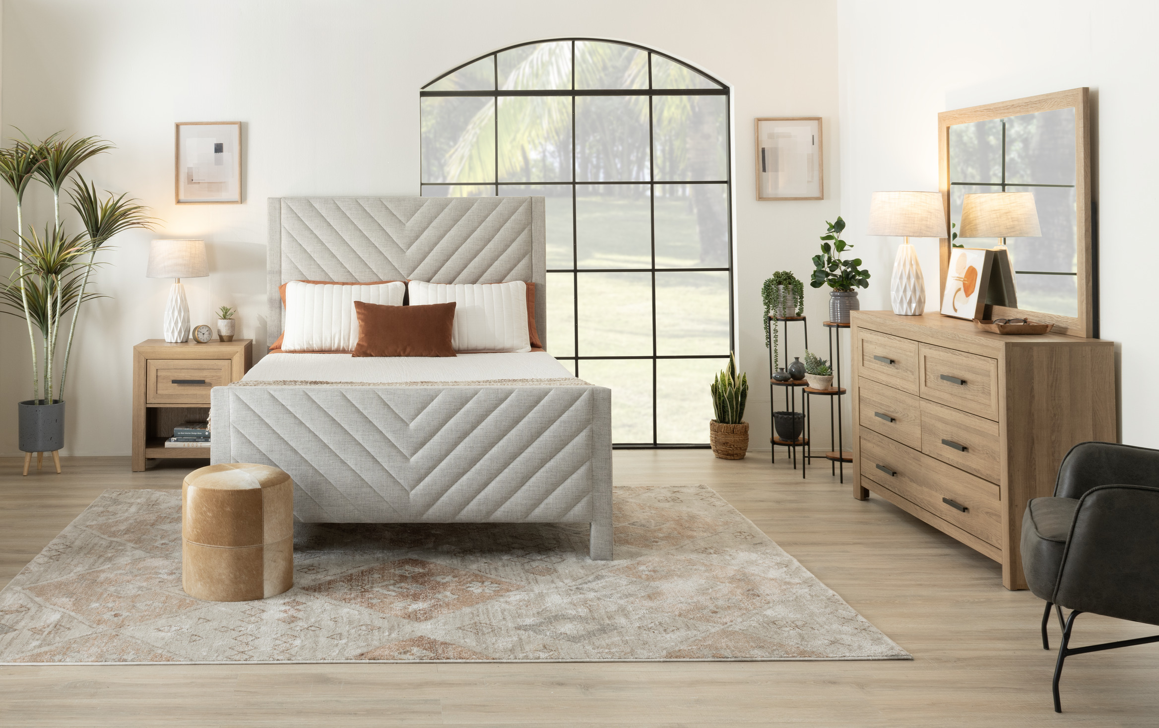 Calvin 5 Piece Queen White and Oatmeal Upholstered Panel Bedroom Set ...