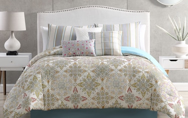 Sadie Queen Green Multi Damask 7 Piece Comforter Set | Bob's Discount ...