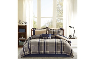 Roderic Queen Taupe Plaid 9 Piece Comforter Set | Bob's Discount ...