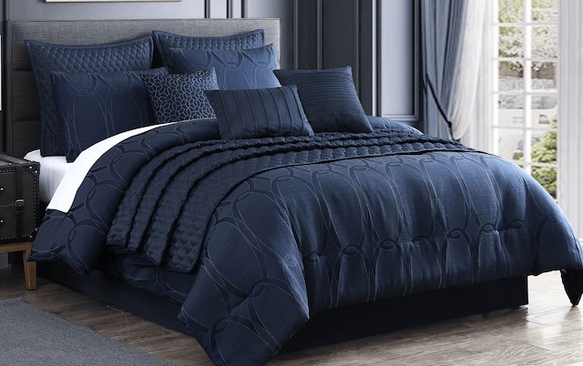 Desy 10 Piece Queen Blue Comforter Set, Navy Blue Bedding Sets Queen