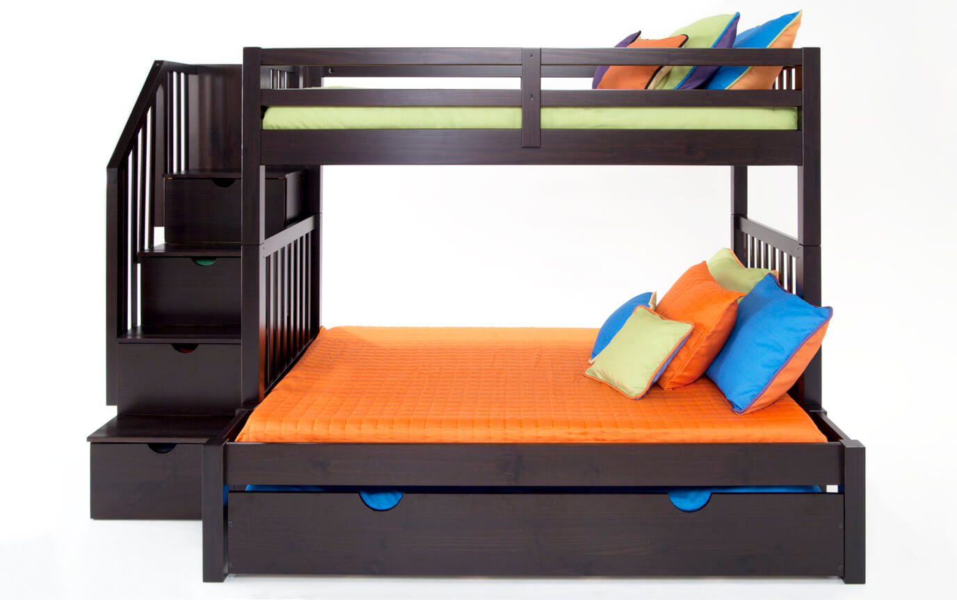 Keystone Stairway Twin Full Espresso Bunk Bed With Bob O Pedic 6 Memory Foam Mattresses And Storage Trundle Unit